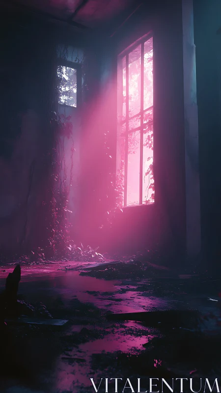 Neon dusk floods an abandoned room through overgrown windows