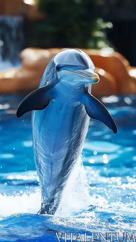 Playful dolphin leaping vertically from vivid blue pool.