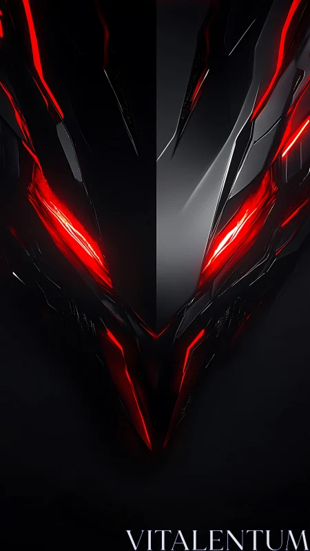 Symmetric cybernetic visor glows with red angular highlights