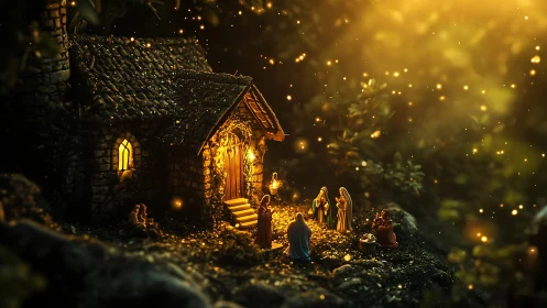 Miniature stone cottage nativity under golden bokeh lights