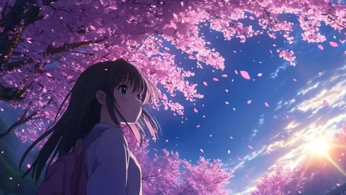 Girl walks under cherry blossoms at radiant spring sunset.