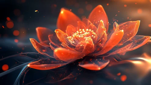 Luminous ember lotus drifts like living fire across shadowed water