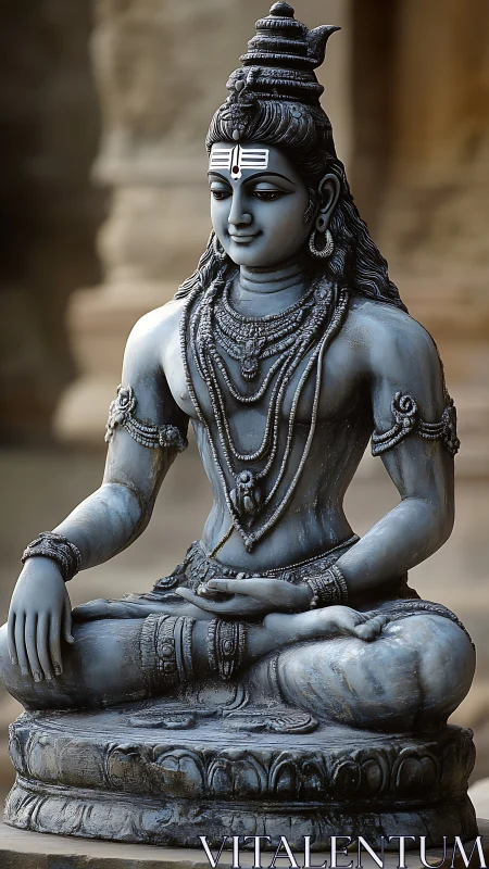 Stone statue of Shiva in seated meditative yoga pose.
