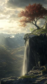 Lone crimson tree crowns sheer cliff above cascading waterfall