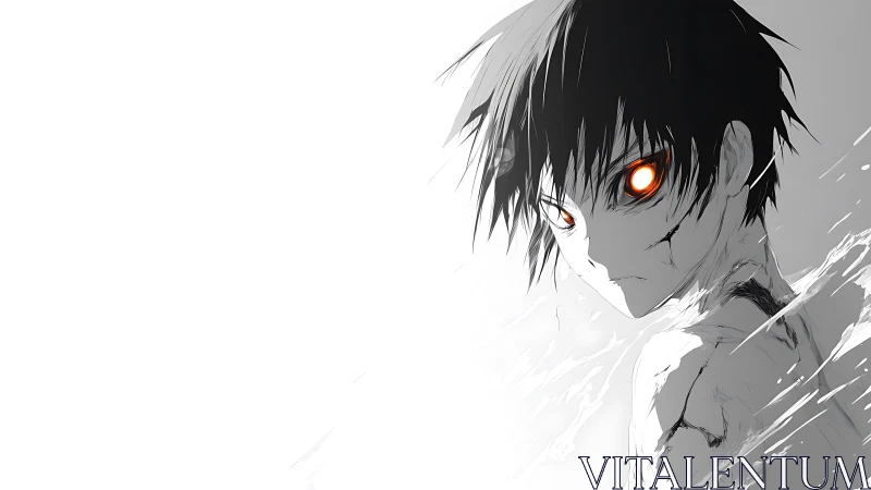 Monochrome anime boy with burning orange cybernetic eyes.