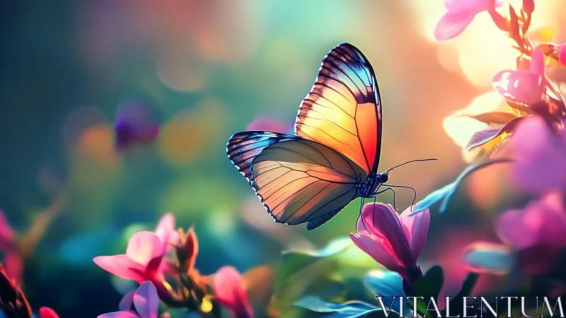 Iridescent butterfly hovers over blossoms in luminous bokeh garden