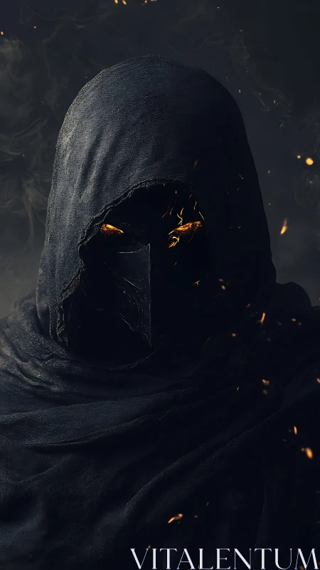 Hooded dark figure with ember-lit eyes in smoky space.
