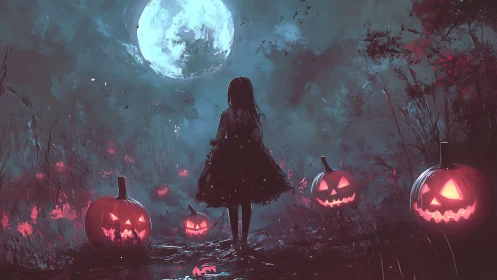 Moonlit girl wanders through laughing jack o’lantern shadows.