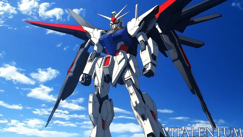 Sky-piercing mecha sentinel crowned in blazing daylight.