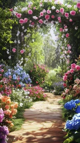 Garden pathway with flowering archway structures and cultivated plantings.