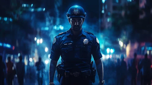 Night city police officer stands in blue cinematic haze.