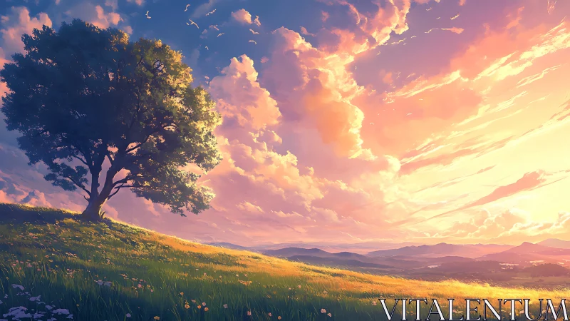 Solitary hillside tree under radiant pastel sunset sky.