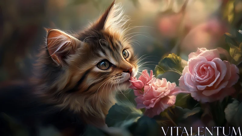Kitten's Delicate Moment Among Blossoming Pink Roses.