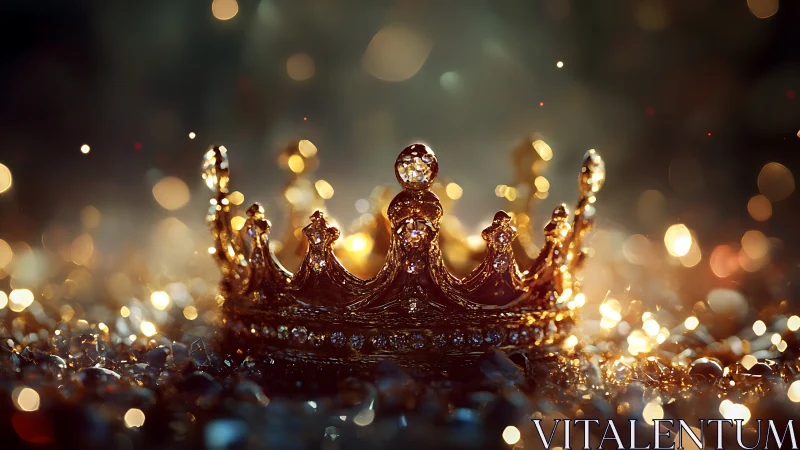 Gold jeweled crown resting on reflective surface with bokeh.