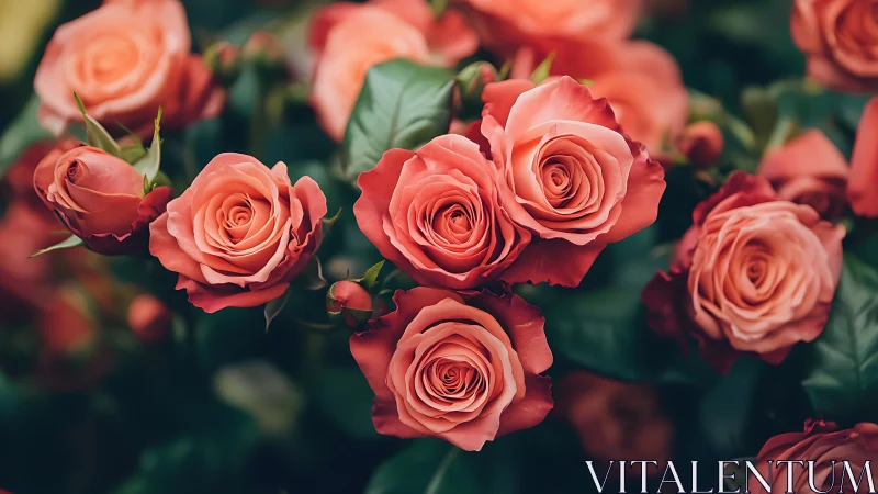 Coral Roses in Natural Bloom: Botanical Study with Depth.