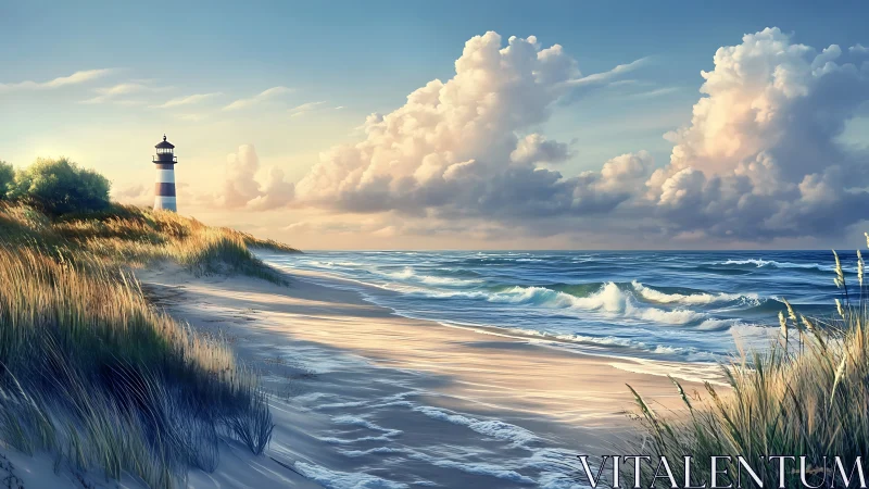 Lighthouse daydream over wind-brushed dunes and whispering surf.