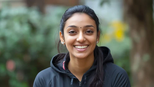 Young woman smiling outdoors in casual athletic wear, natural style.