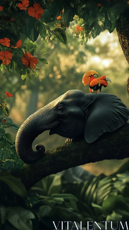 Elephant rests on tree branch while parrot stands on head