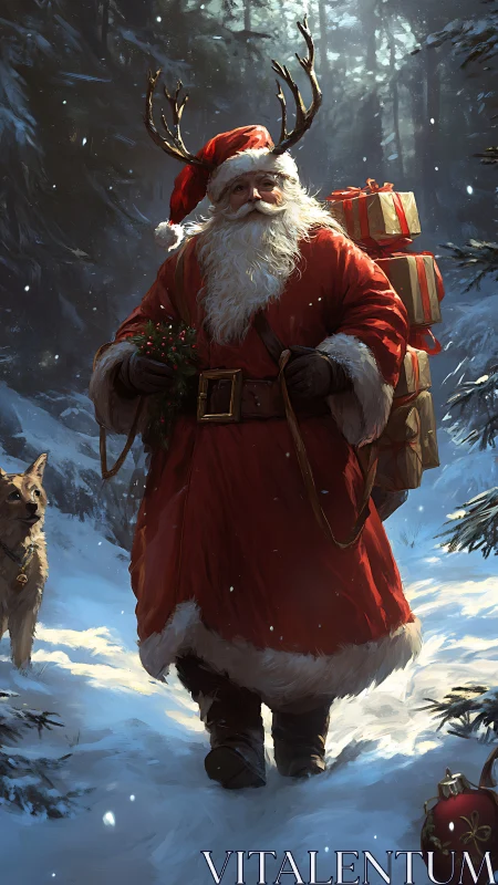 Antler-crowned Santa strides through a glowing winter forest
