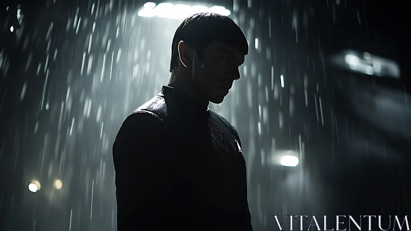 Pointed ear figure standing in heavy rain at night.