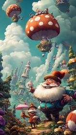 Whimsical gnome expedition under floating mushroom airships.