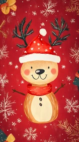 Cheerful reindeer snowman in cozy red Christmas blizzard.