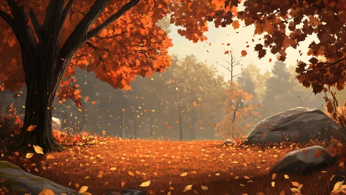 Amber leaves whisper over a quiet stone-ringed autumn glade.