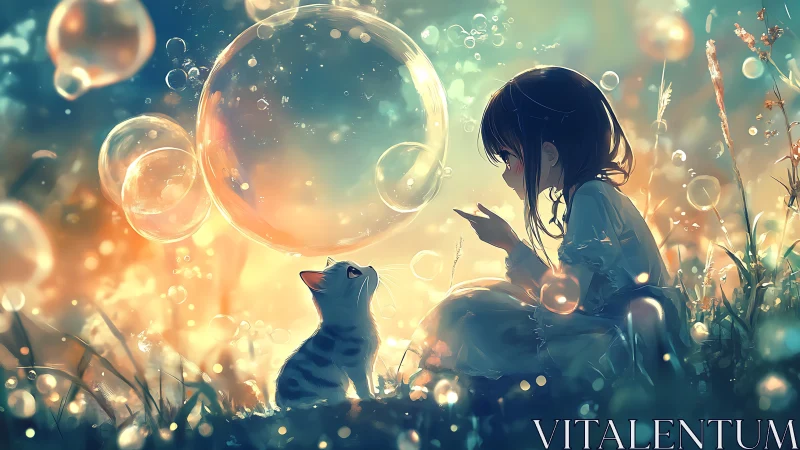 Luminous anime field vignette with child, cat and soap bubbles.
