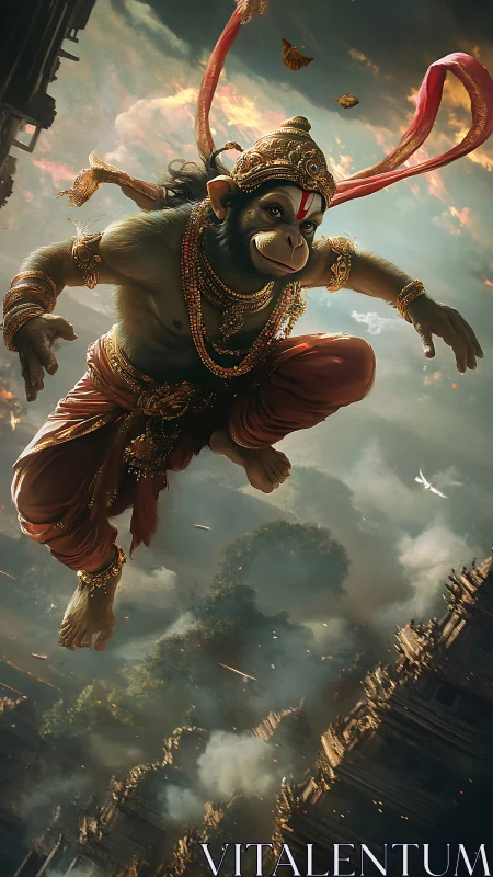 Skyborne monkey warrior vaults above storm-lit temples.