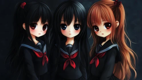 Trio of anime schoolgirls stand in matching dark uniforms.