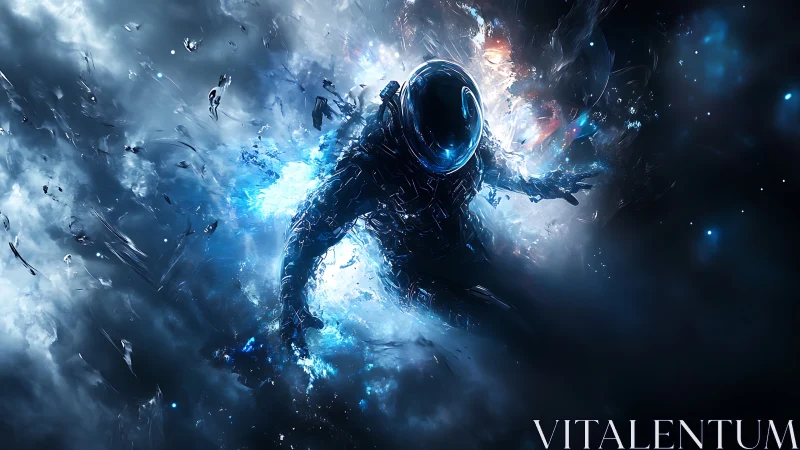 Kinetic astral diver emerging through fractal plasma rupture.