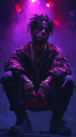 Male figure in layered jewelry under magenta backlight.