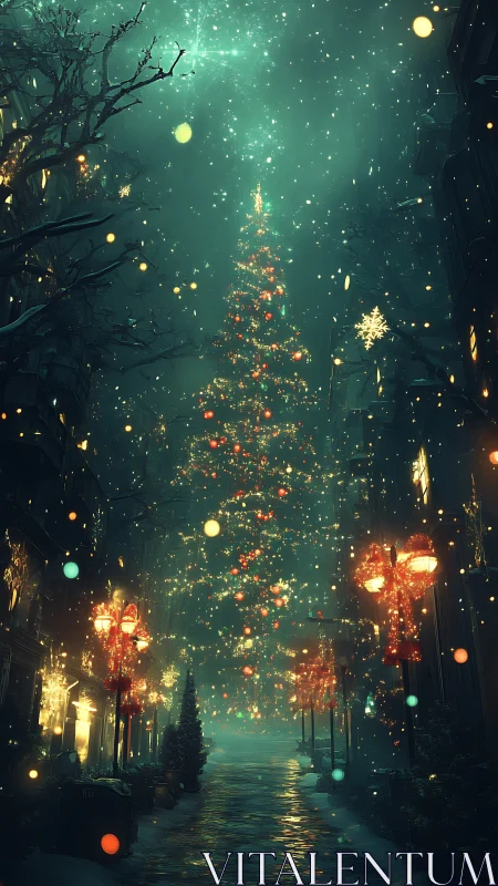 Towering Christmas tree glows over misty festive street