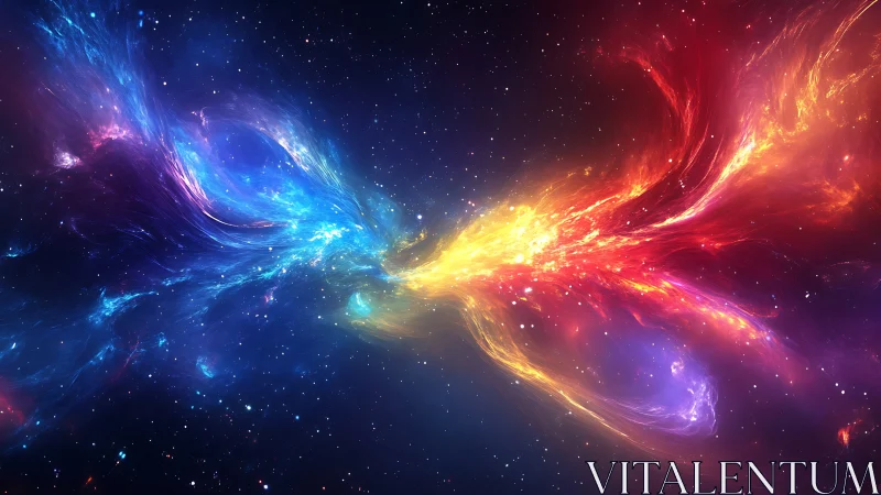 Cosmic collision of blue and red nebula energy streams.