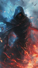 Hooded fire wraith strides through split ice and embers.