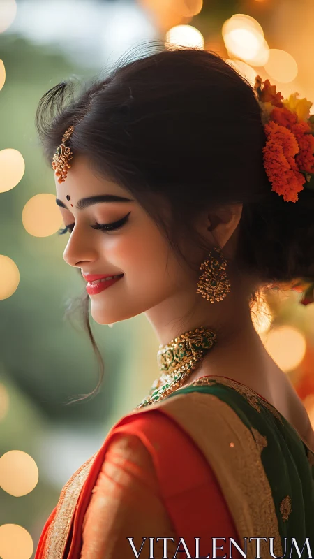 Smiling Indian bride in profile under warm festival lights
