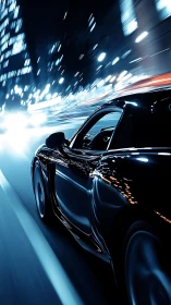 Black sports car in motion on illuminated city street at night.
