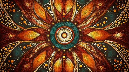 Radial mosaic pattern with warm petals and central circle.
