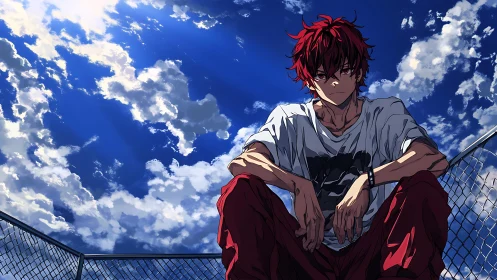 Red haired teen sits on rooftop court under deep blue sky