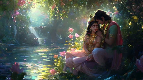 Luminescent Garden Encounter: Digital Mythological Romance Study.