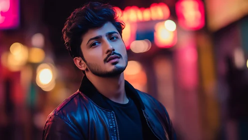 Neon street portrait uses shallow depth and cinematic bokeh lighting