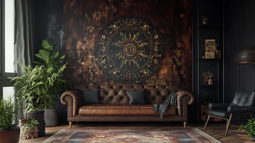Brown leather sofa anchors living room with rustic mural wall