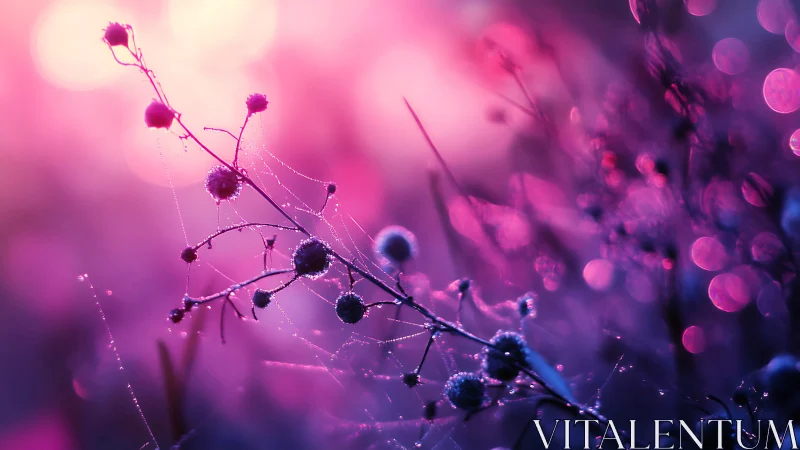 Dewlit wildflower stems glow inside magenta violet bokeh haze