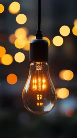 Hanging filament light bulb with warm glowing bokeh background.