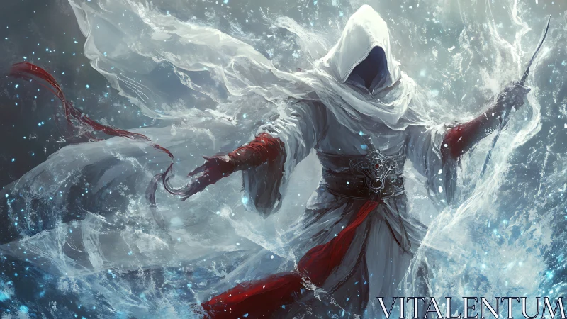 Mystical hooded mage shaping swirling water and light.