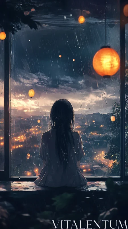 Silhouetted girl watches rainy city glow through window