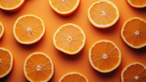 Orange halves form geometric pattern on vivid orange background