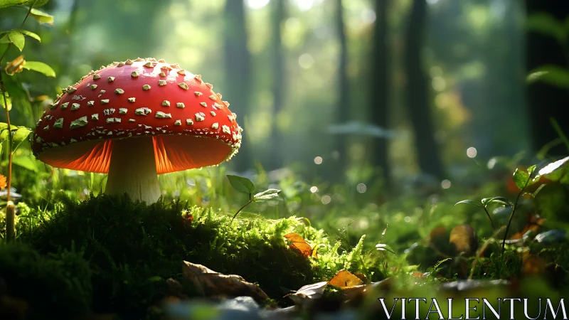Fly agaric mushroom glows under soft forest backlight