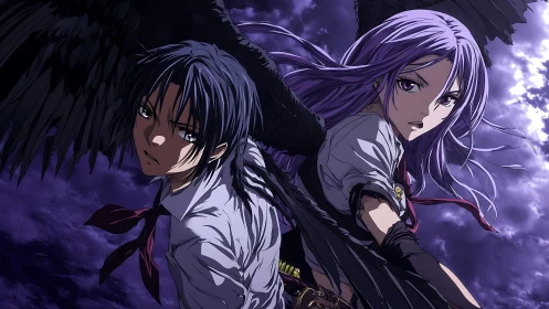 Dark winged duo soar through stormlit violet sky.