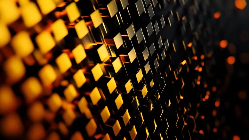Abstract geometric pattern with glowing golden cubes, digital art.